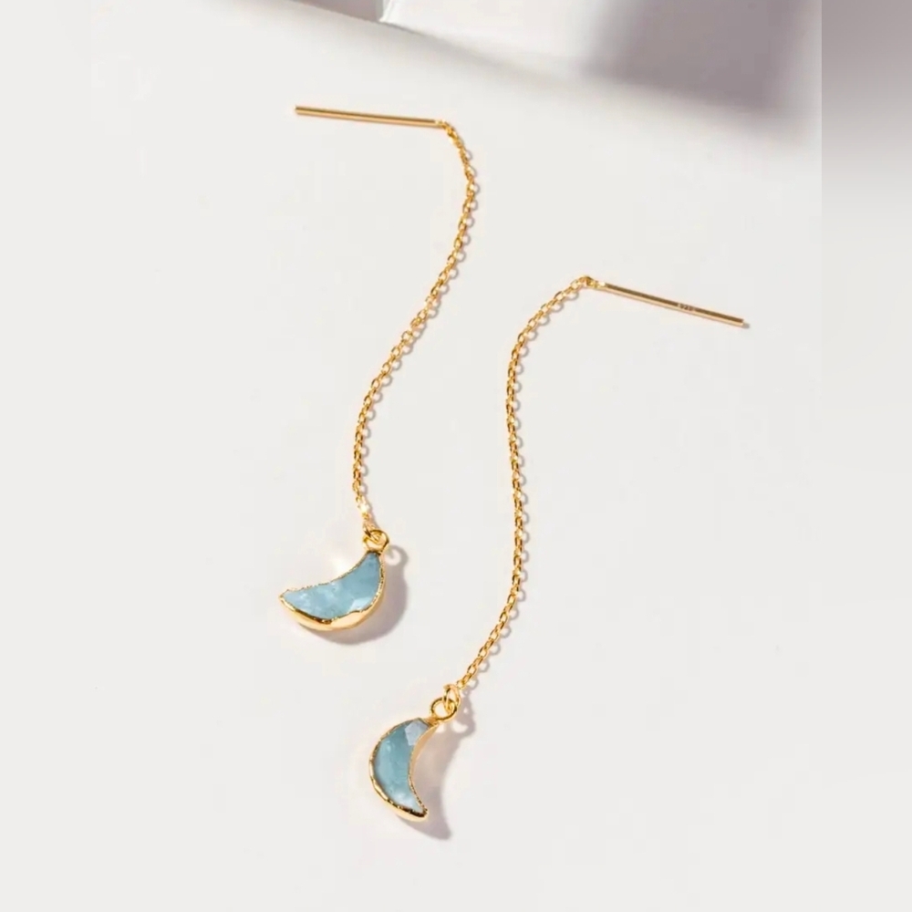 14K Sterling Silver Eclipse Threader Earrings - Genuine Aquamarine